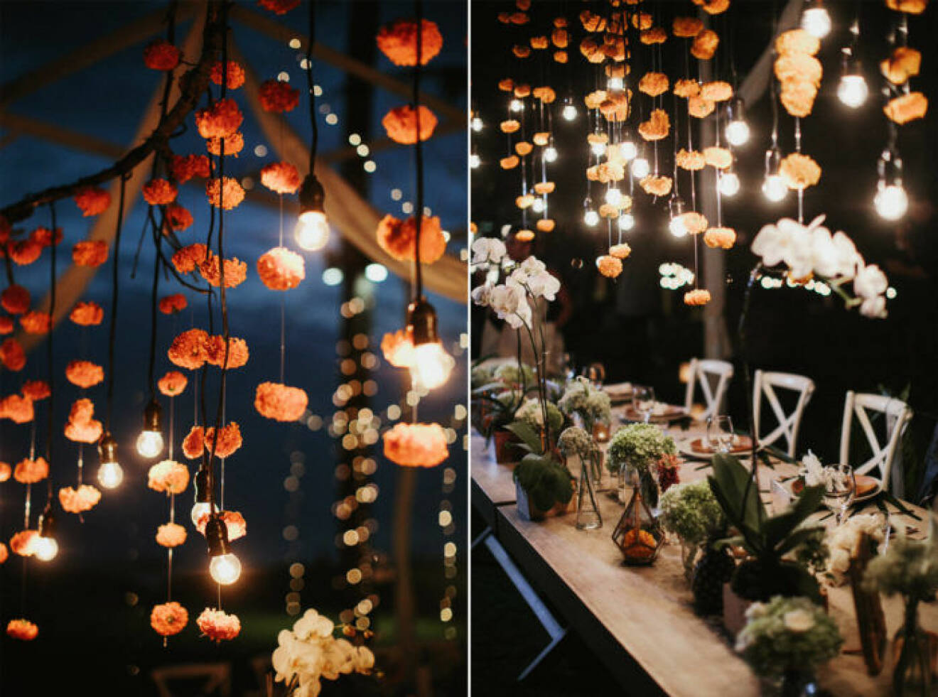 Blomster- och ljusslingedekorationer för bröllopet.