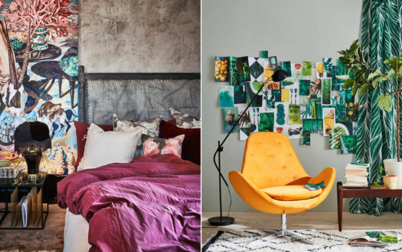 Sovrum med cerise sängkläder, orange stol, gardiner med gröna bladmönster. Fikusträd. Jotex våren 2018.