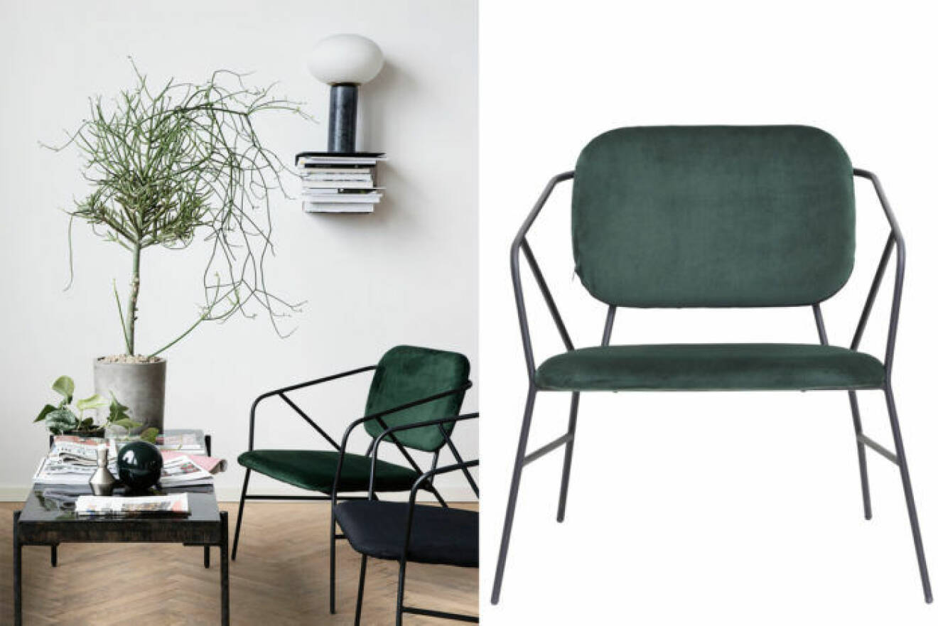 Elegant stol i sammetsliknande material, i mörkgrön färg.