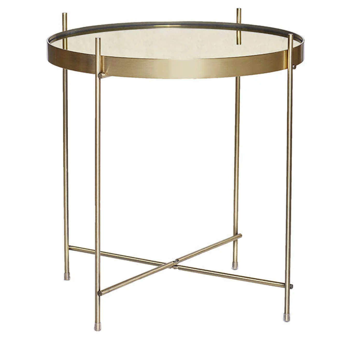 Stilrent soffbord i guldfärgad metall med skiva i spegelglas.