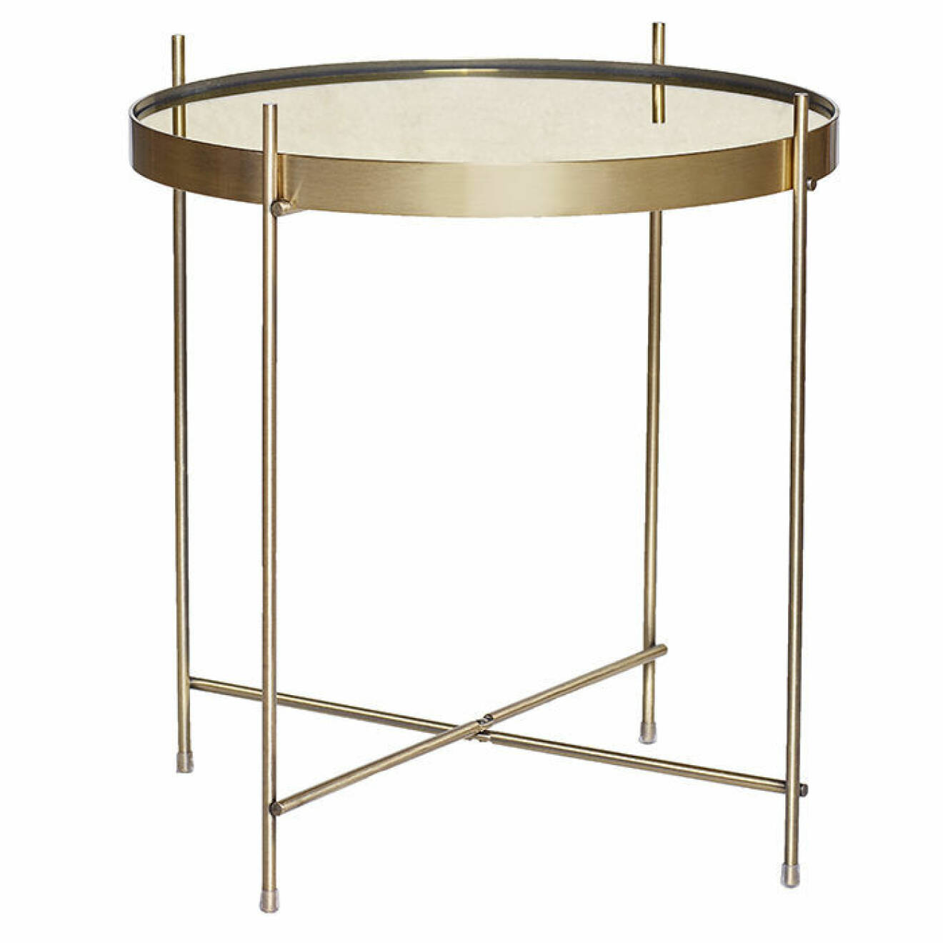 Stilrent soffbord i guldfärgad metall med skiva i spegelglas.