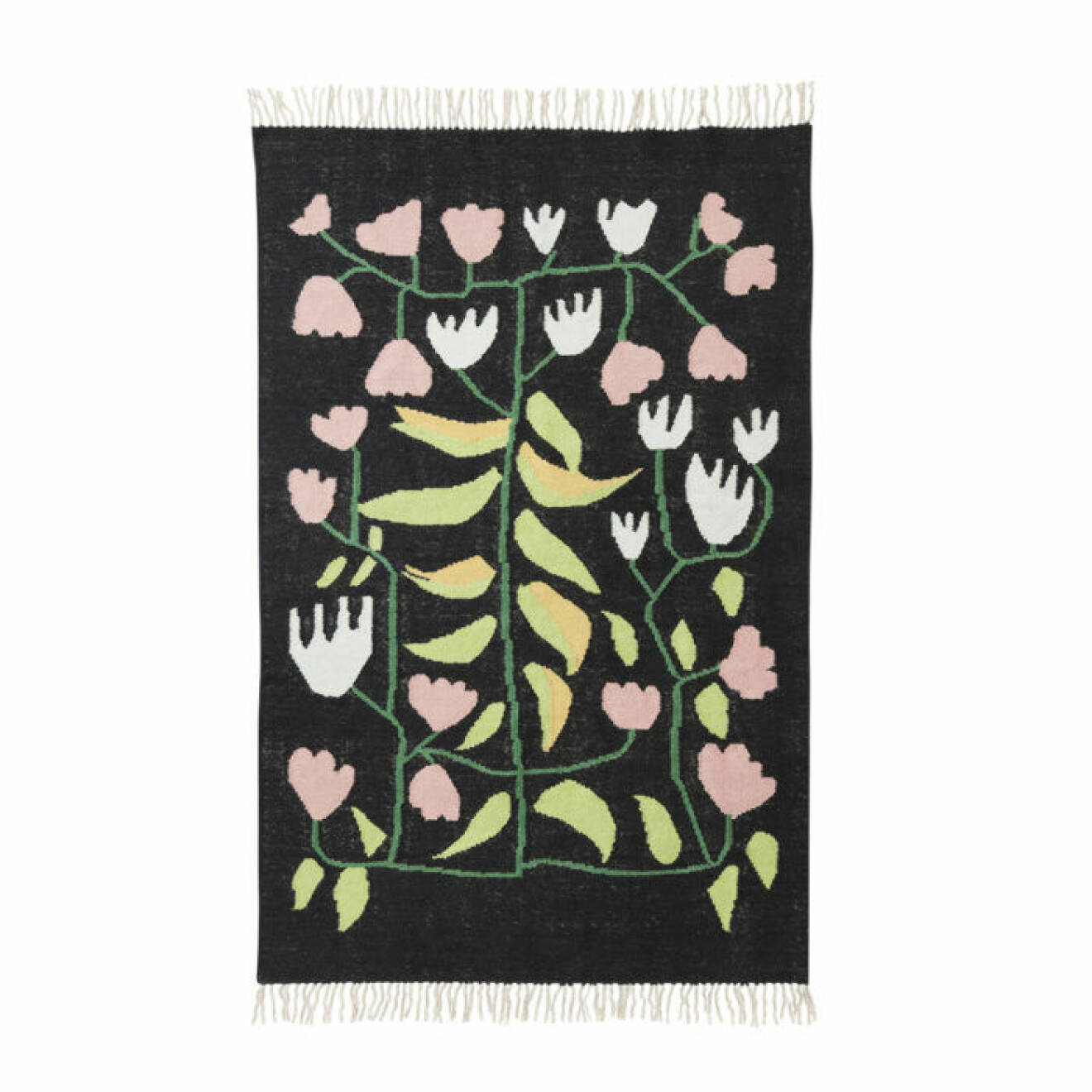 Handvävd matta med svart botten och motiv av blommor och blad