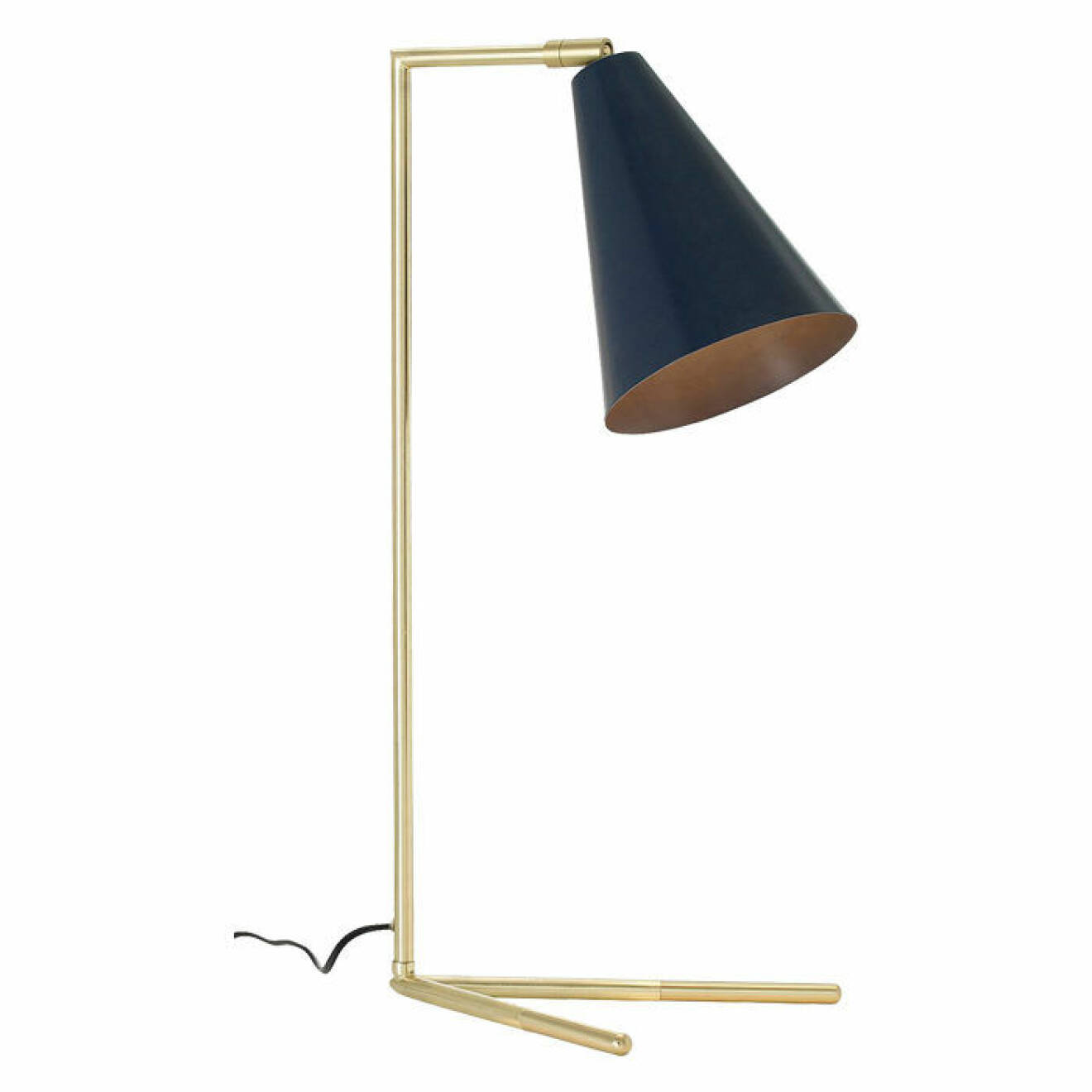 Stilren bordslampa med fot i mässingsfärgad metall och skärm i matt blåmålad metall