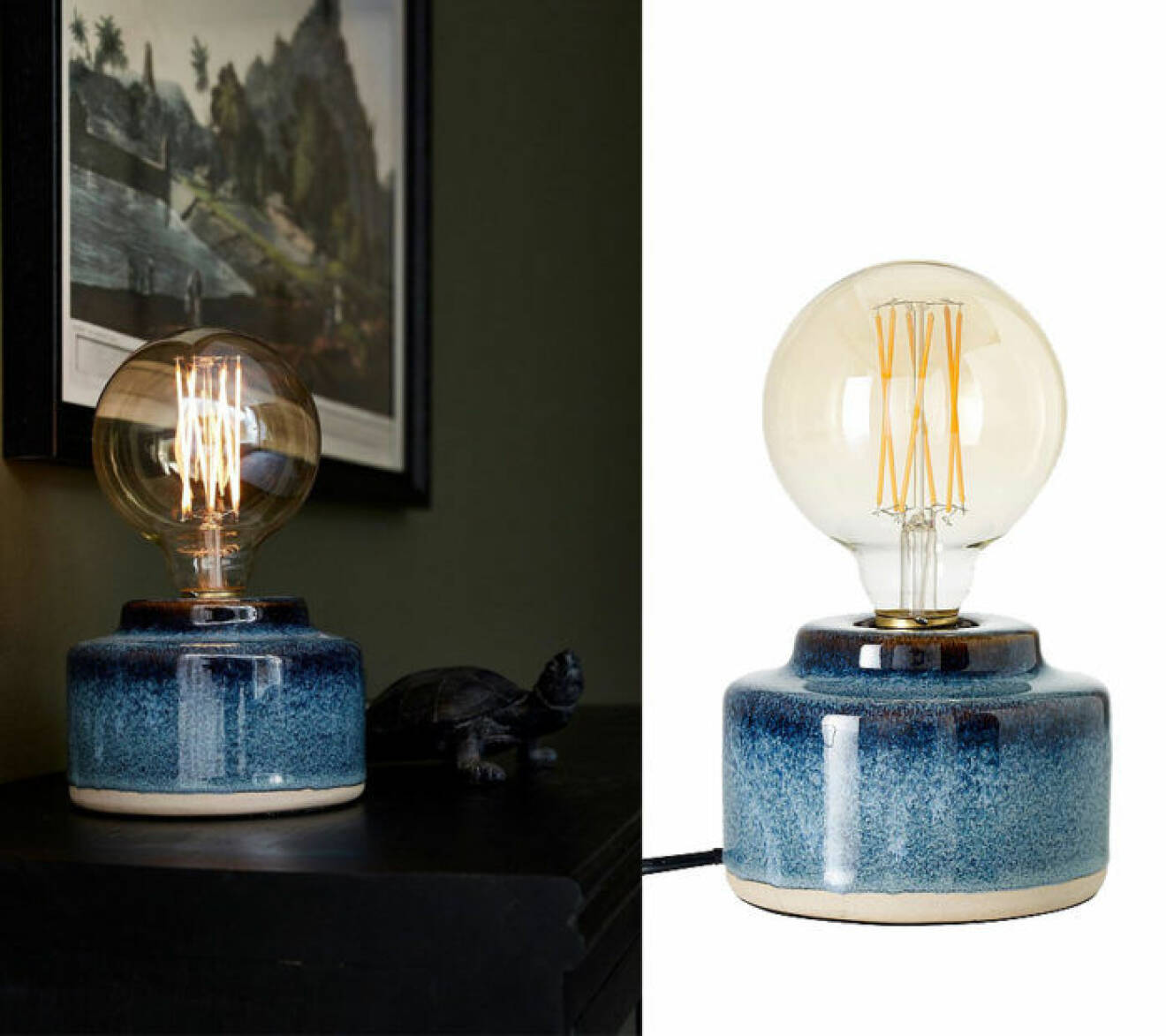 Lampa med blå keramikfot från Ellos.