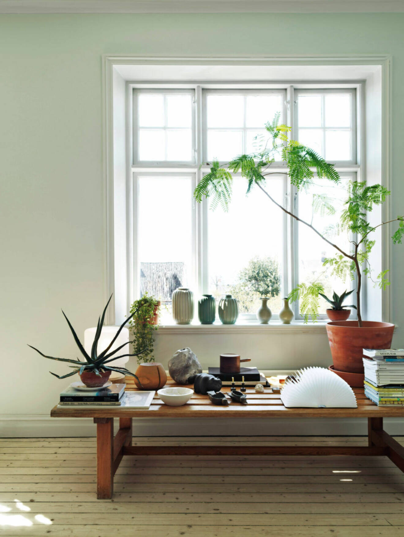 I vardagsrummet står växter och inredningsobjekt i fokus