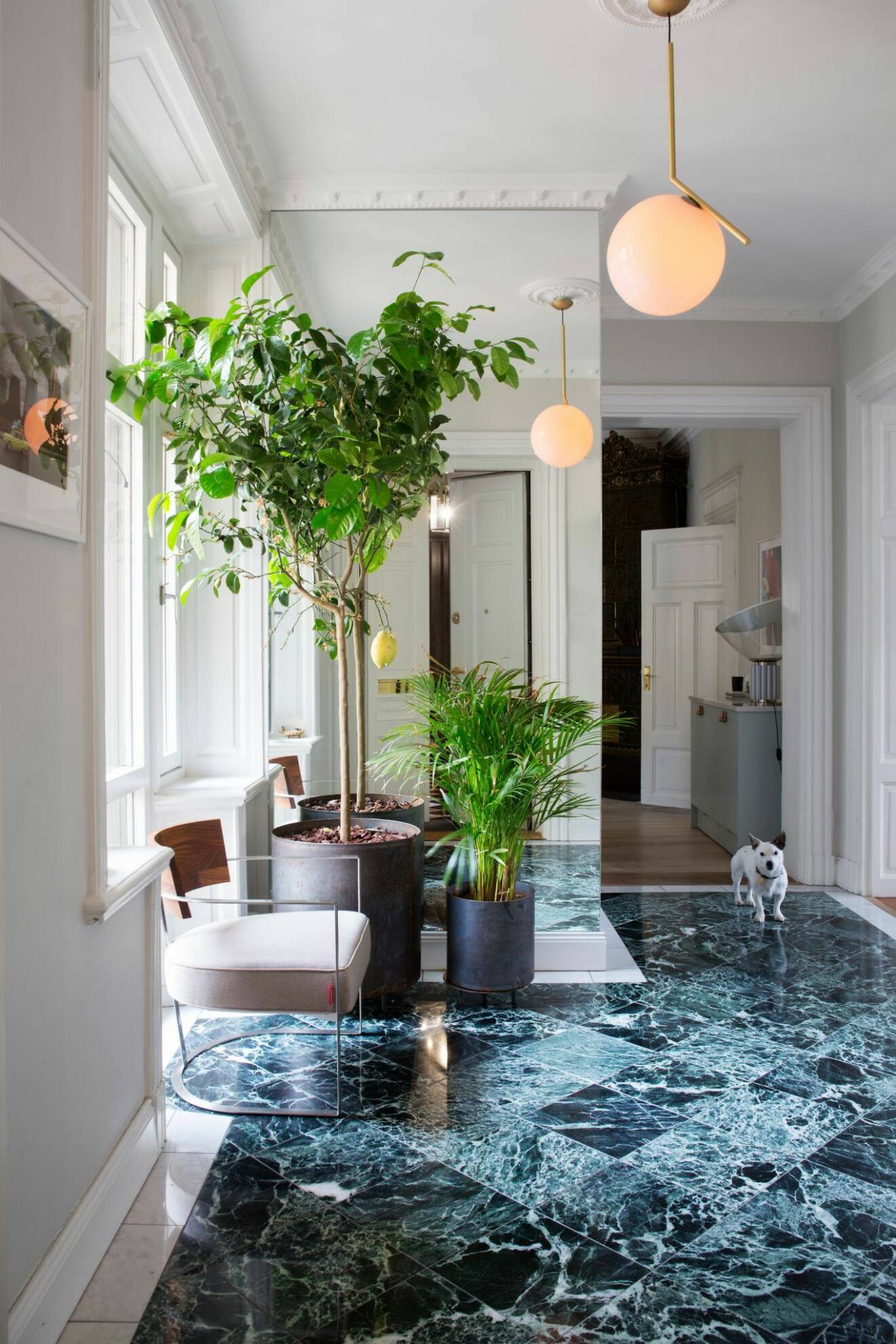 Växter möter grön marmor i lägenheten på Östermalm, Stockholm