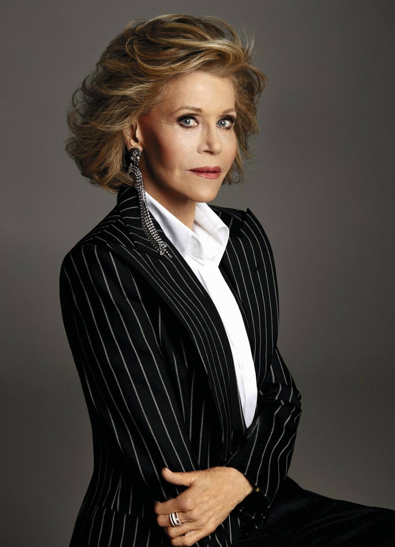 Randig ullkavaj från Alexandre Vauthier Haute Couture, Jane Fonda i intervju i ELLE
