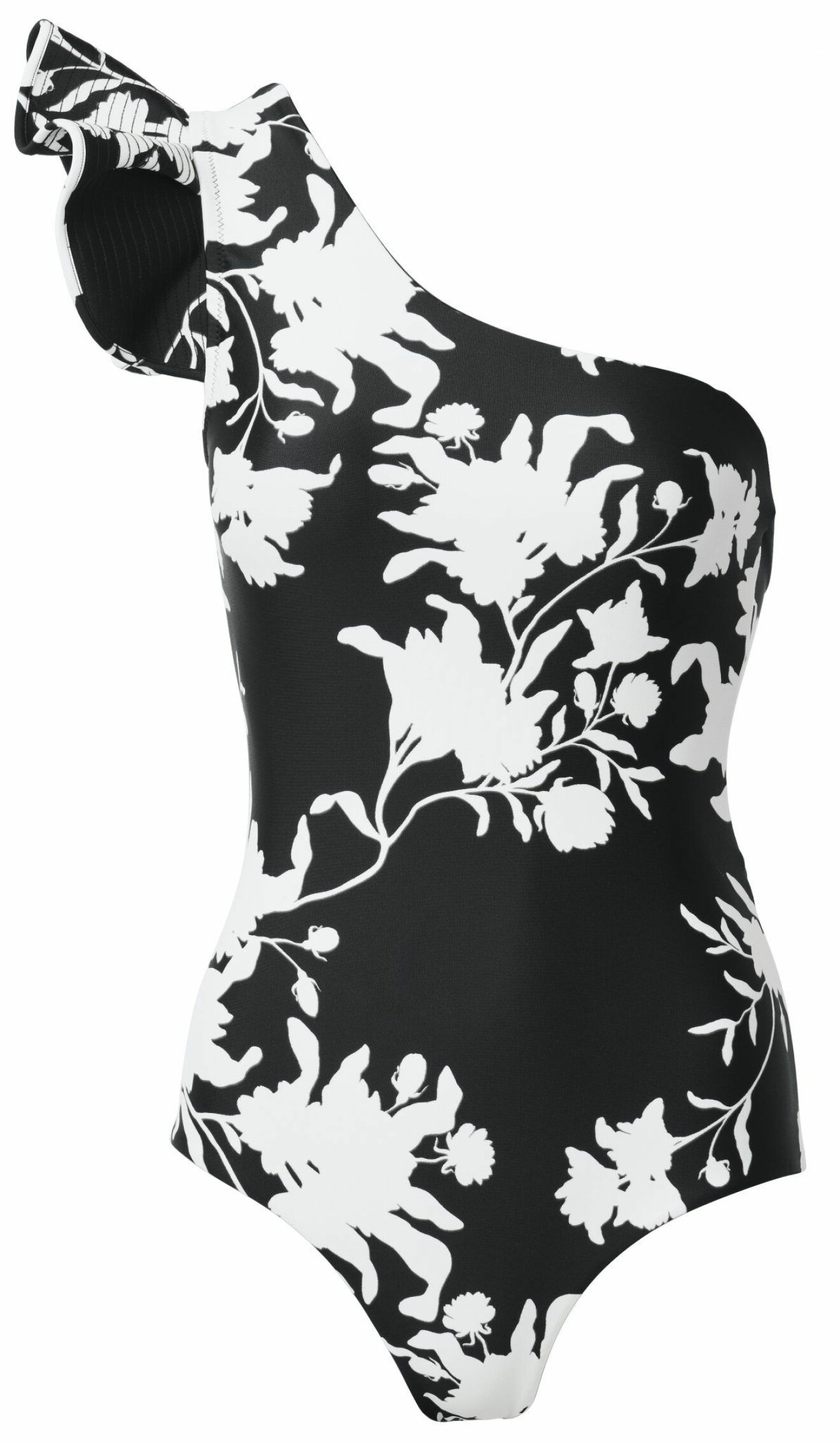 Asymmetrisk baddräkt med blommigt mönster i vitt och svart från samarbetet mellan H&M och Johanna Ortiz.