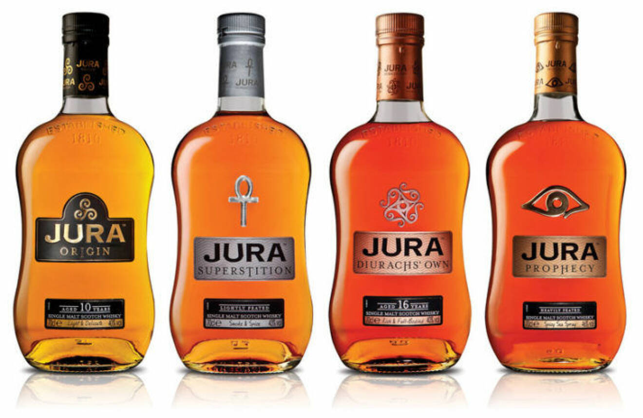Jura Origin (10 år), Jura Superstition (lätt rökig), Jura Diurachs' Own (16 år), Jura Prophecy (mycket rökig).