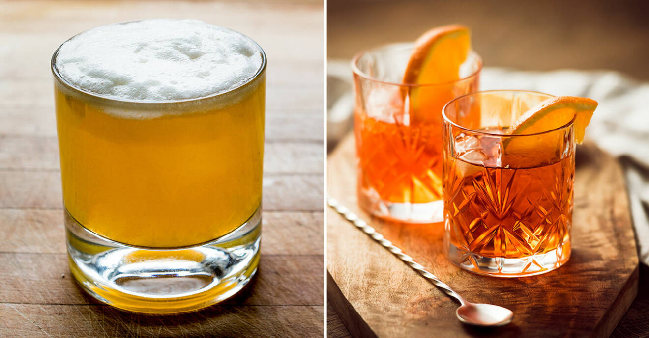 Whiskey Sour och Old Fashioned är två klassiska bourbon-drinkar.