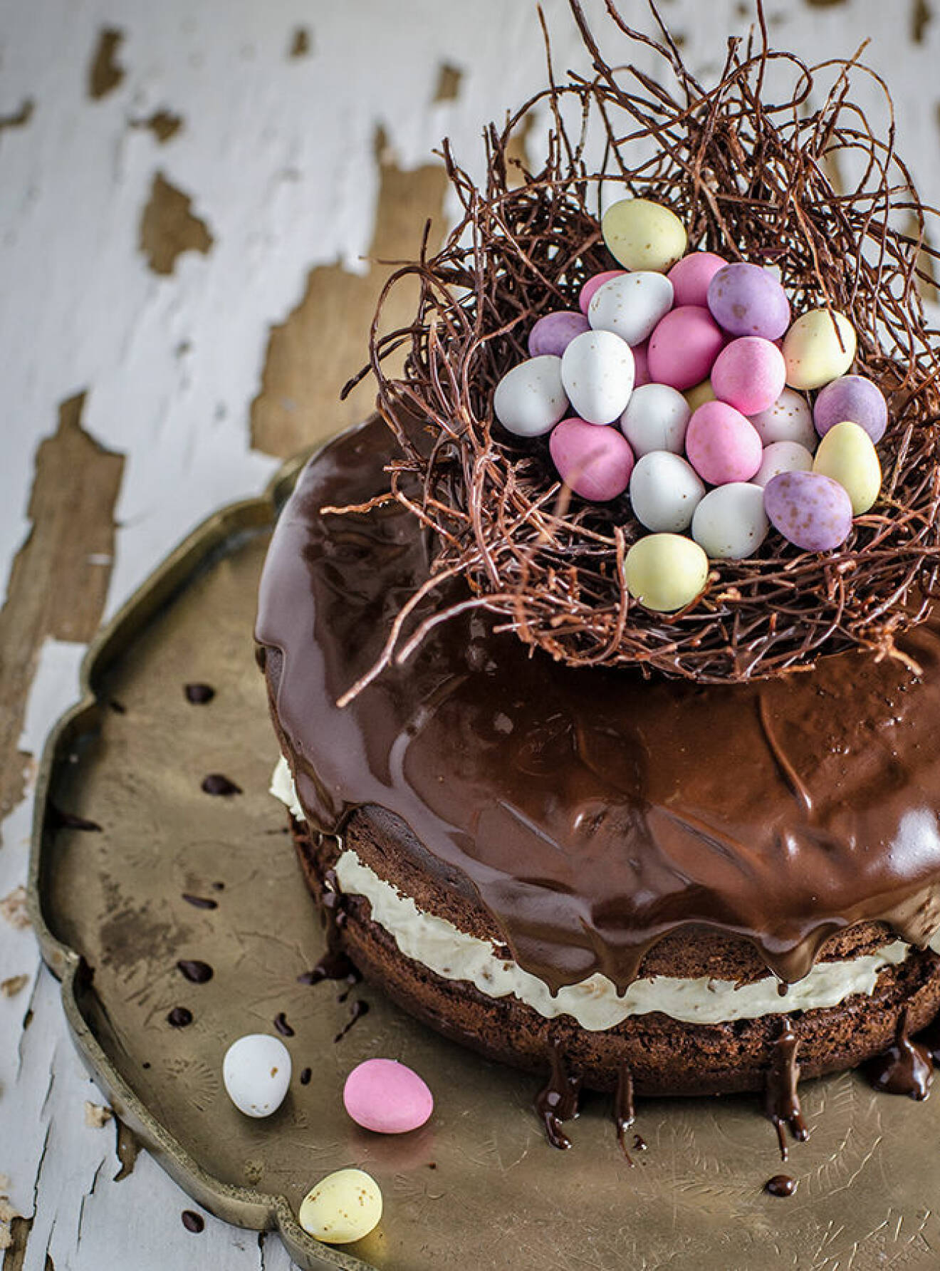 Tårta med ett fågelbo av choklad. 