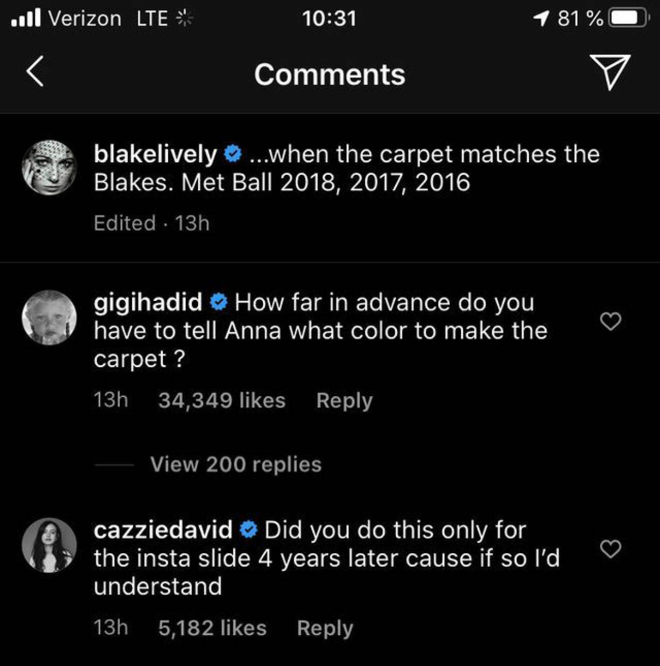 Gigi Hadid kommenterar på Blake Livelys instapost