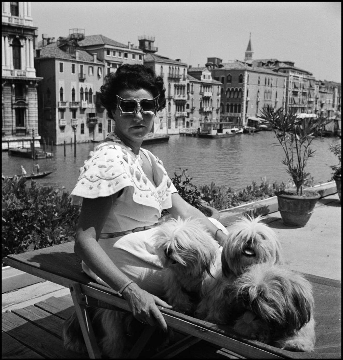 Peggy Guggenheim i sina karaktäristiska solglasögon i sitt palats vid Canal Grande, Venedig, 1950.