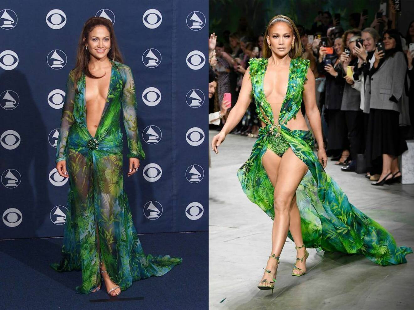 Jennifer Lopez i samma gröna klänning med 20 år emellan. 