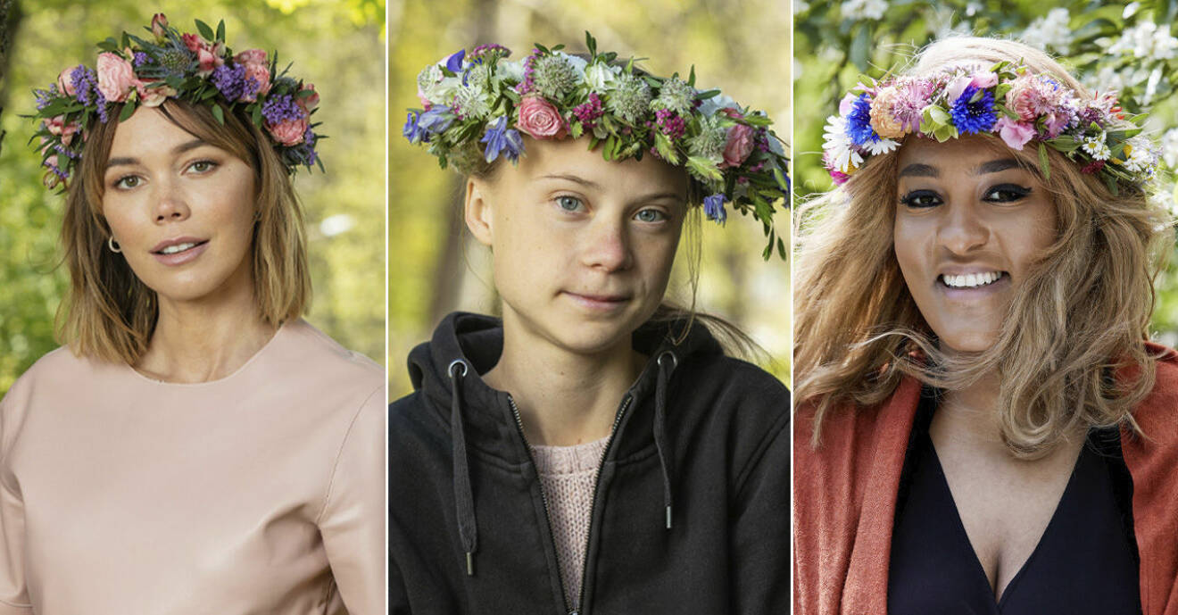 hedda stiernstedt, greta Thunberg och Betlehem Isaak med blomsterkransar i håret