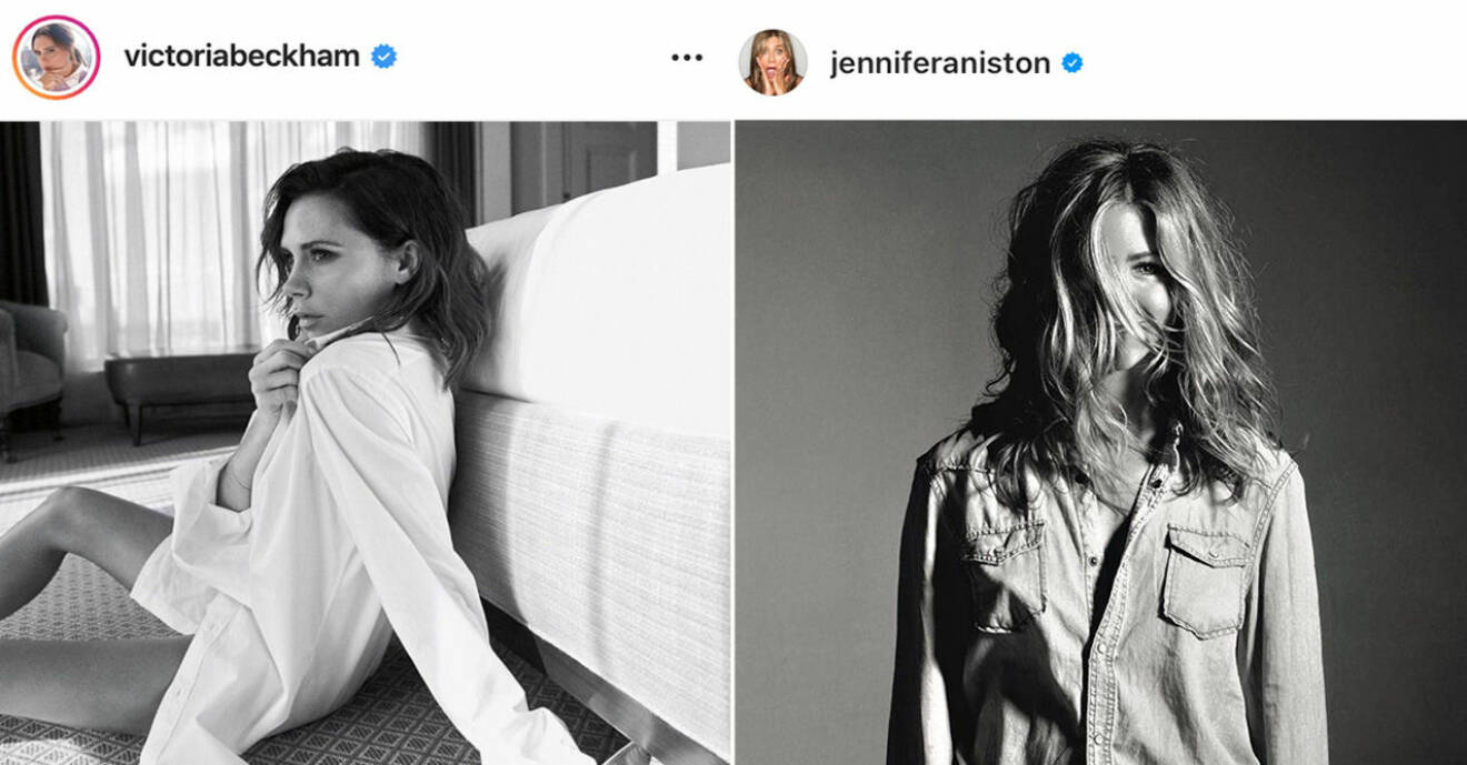 viktoria Beckham och Jennifer aniston i svartvita bilder på instagram