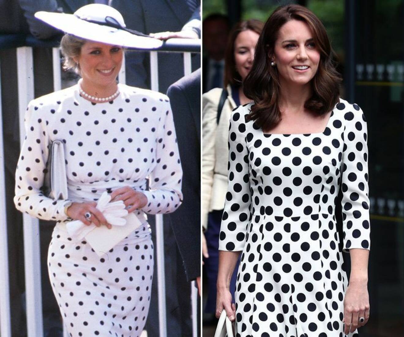 Kate Middleton och prinsessan Diana i vit klänning med svarta prickar på