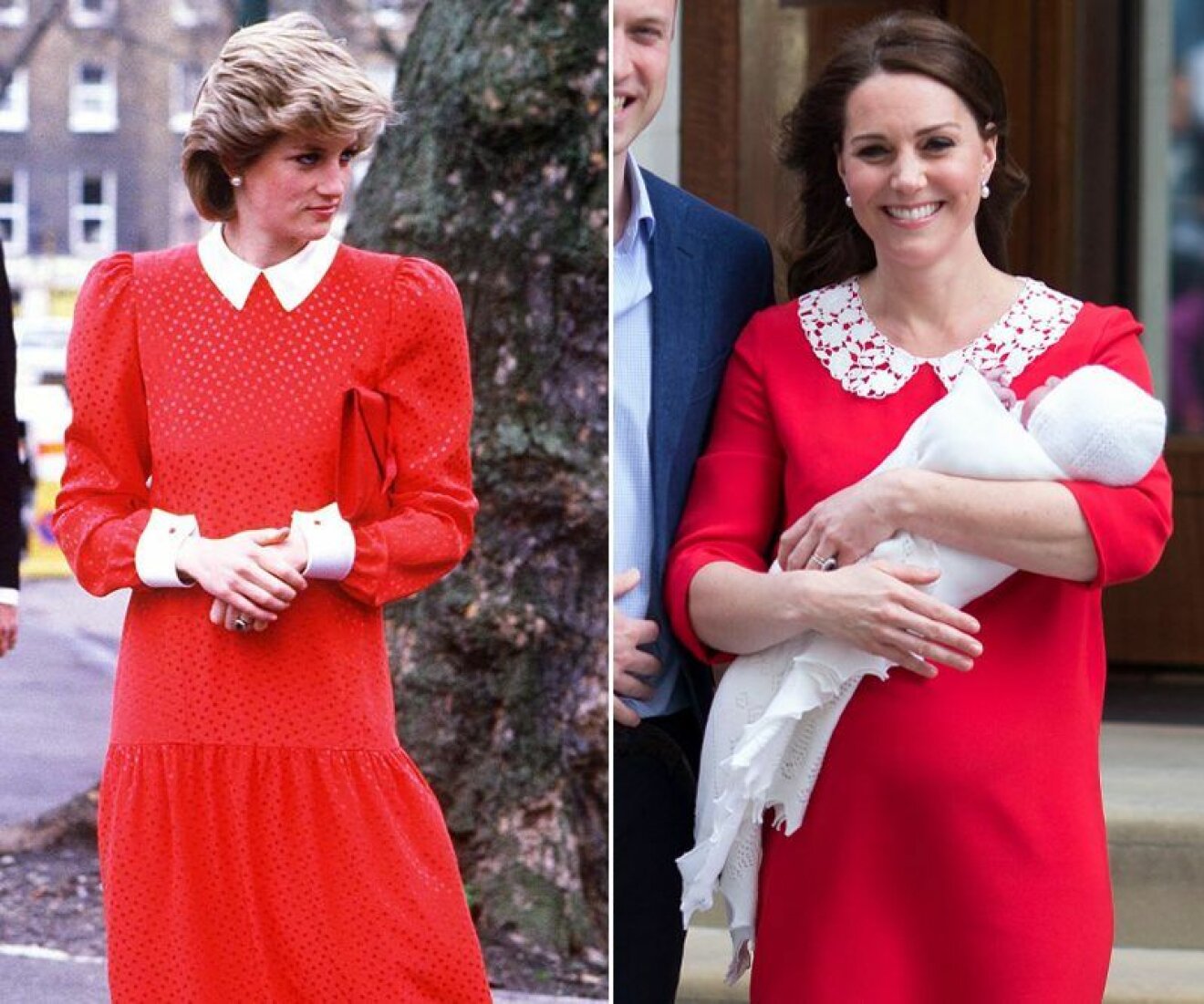 Kate Middleton och prinsessan Diana i röd klänning med vit krage