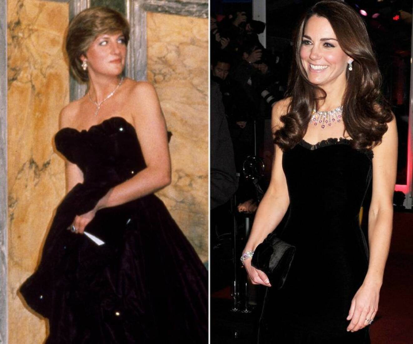 Kate Middleton och prinsessan Diana i svart axelbandslös klänning
