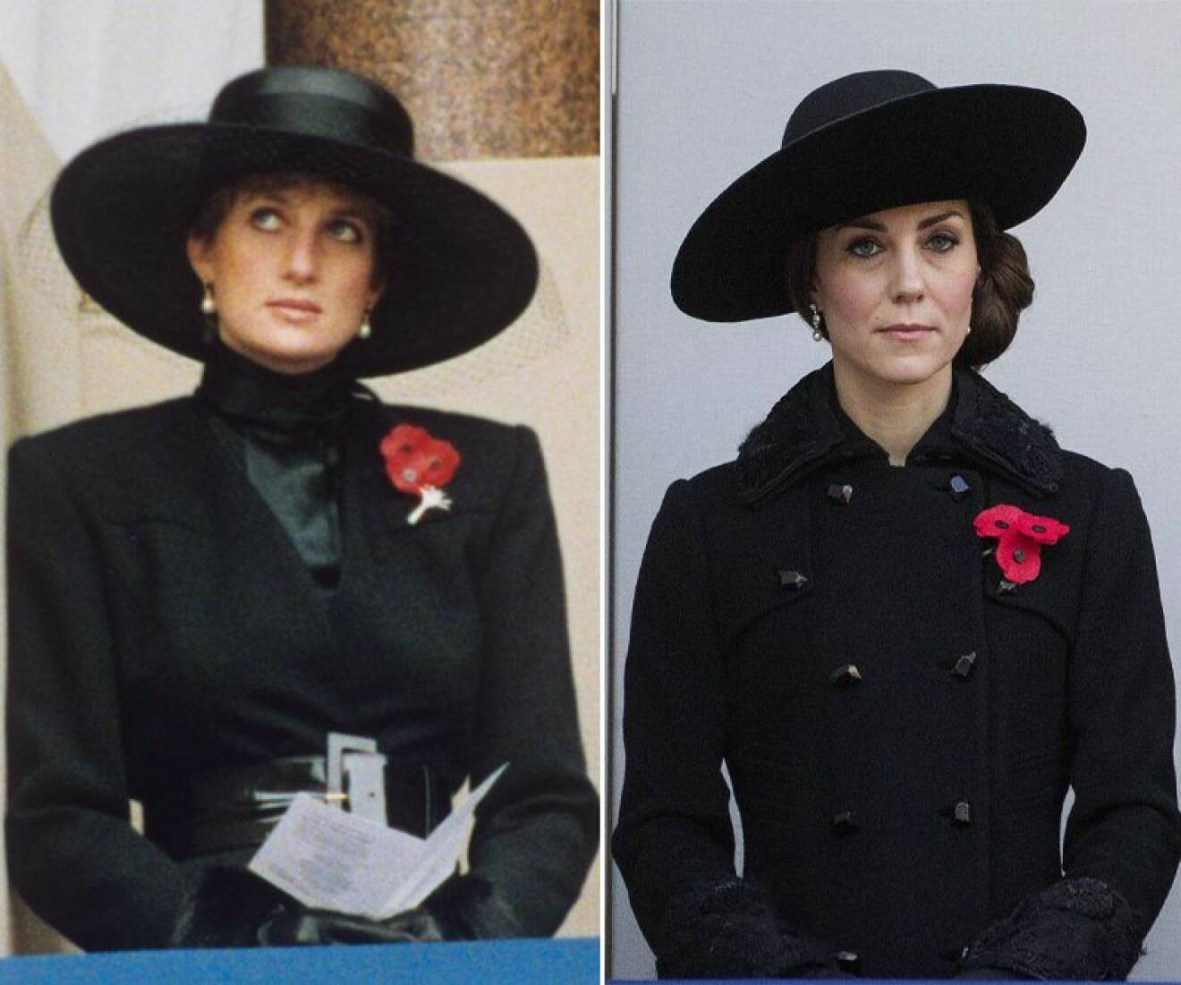 Kate Middleton och prinsessan Diana i svart jacka, svart hatt och en röd blomma på kragen