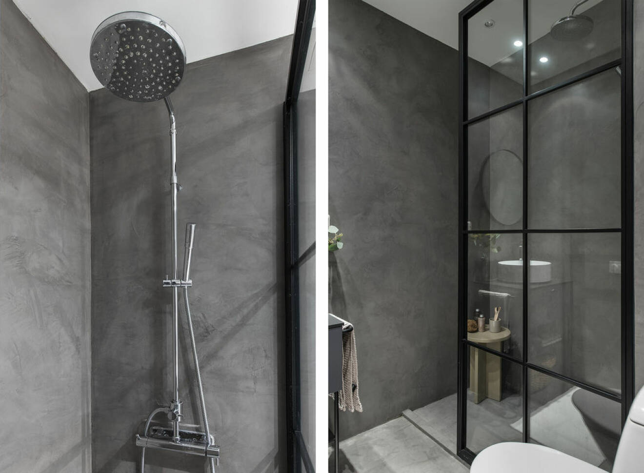 Industrivägg i glas som duschvägg och väggar och golv i microcement i badrum