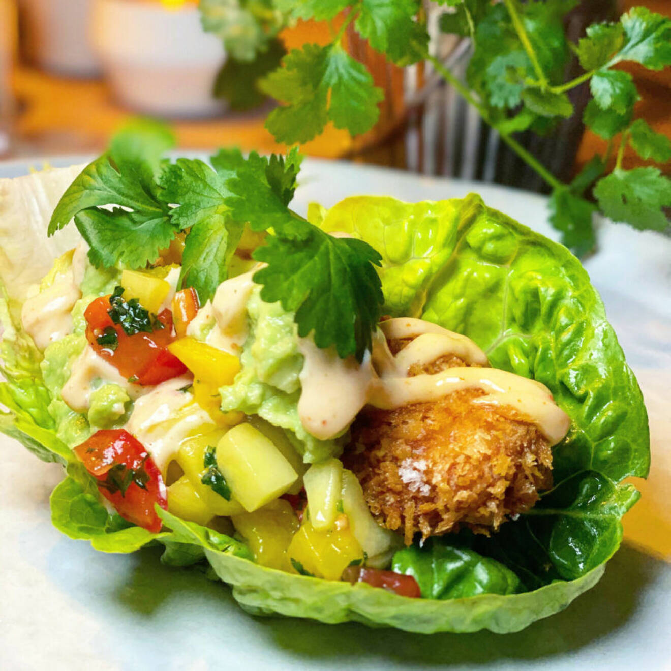 Catarina Königs recept på friterad kyckling i salladsblad med avokadokräm