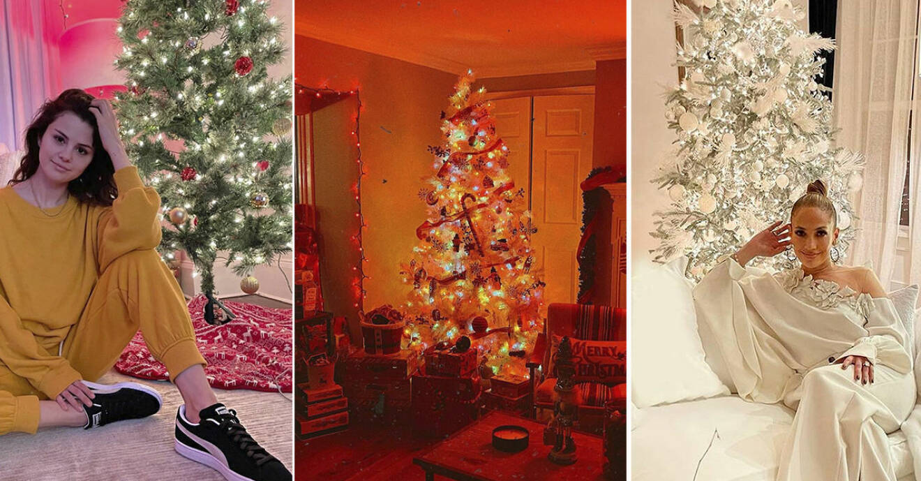 Kollage där Selena Gomez och Jennifer Lopez poserar med sina julgranar