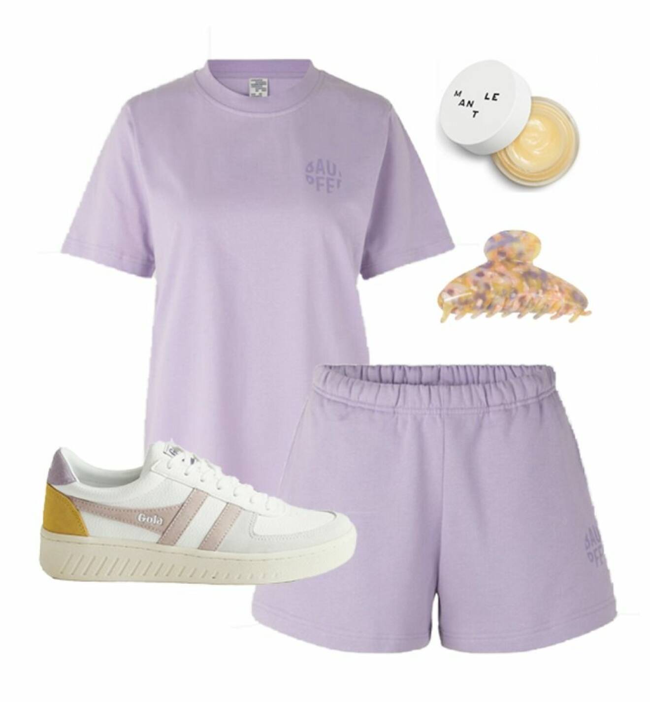 Sportig look med lila set och sneakers i gul och rosa.