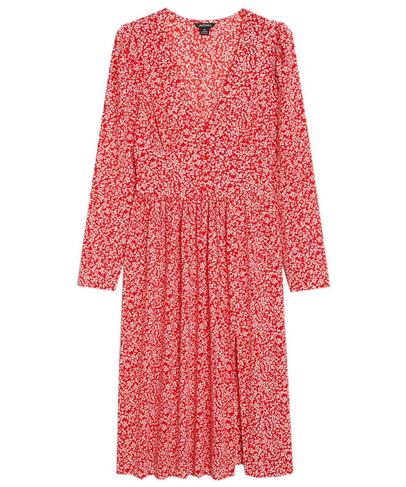 röd V-ringad klänning med knappar till sommaren 2021