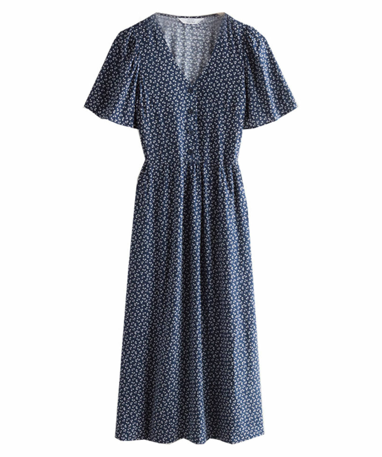 mörkblå mönstrad V-ringad klänning med knappar till sommaren 2021