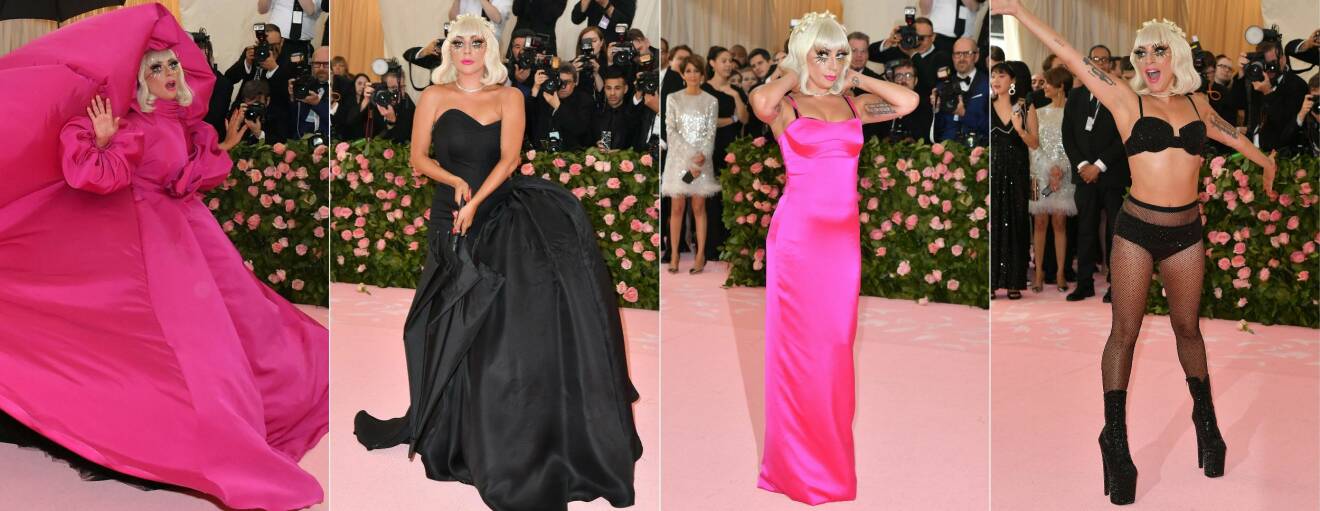 lady gaga met-galan rosa outfits strippas ner till bara underkläderna 2019.
