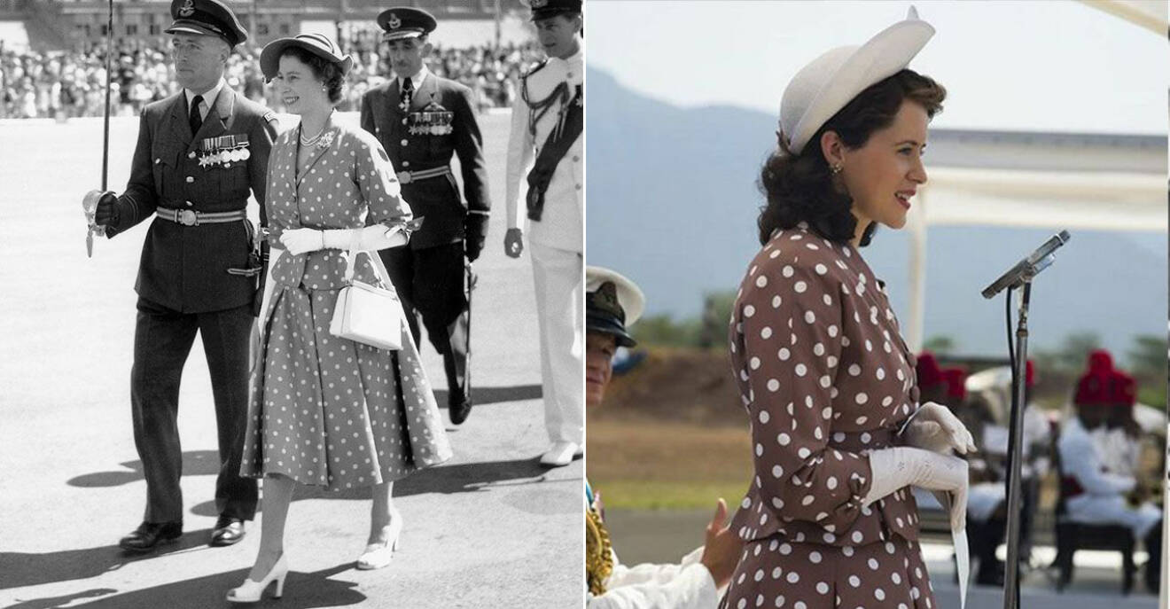 Drottning Elizabeth i en prickig klänning under ett besök i Kenya. Samma klänning återskapades i The Crown