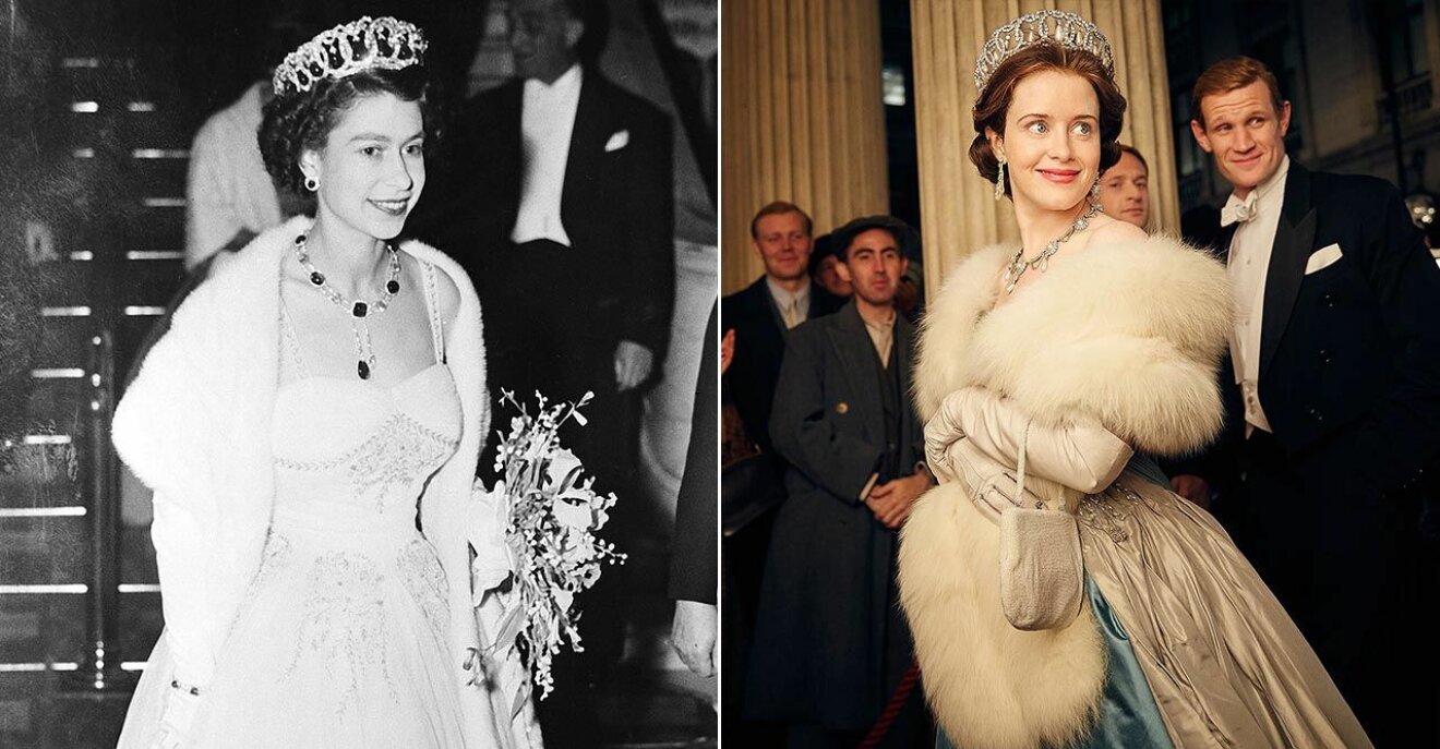 Drottning Elizabeth i galaklänning och Claire Foy i en liknande klänning