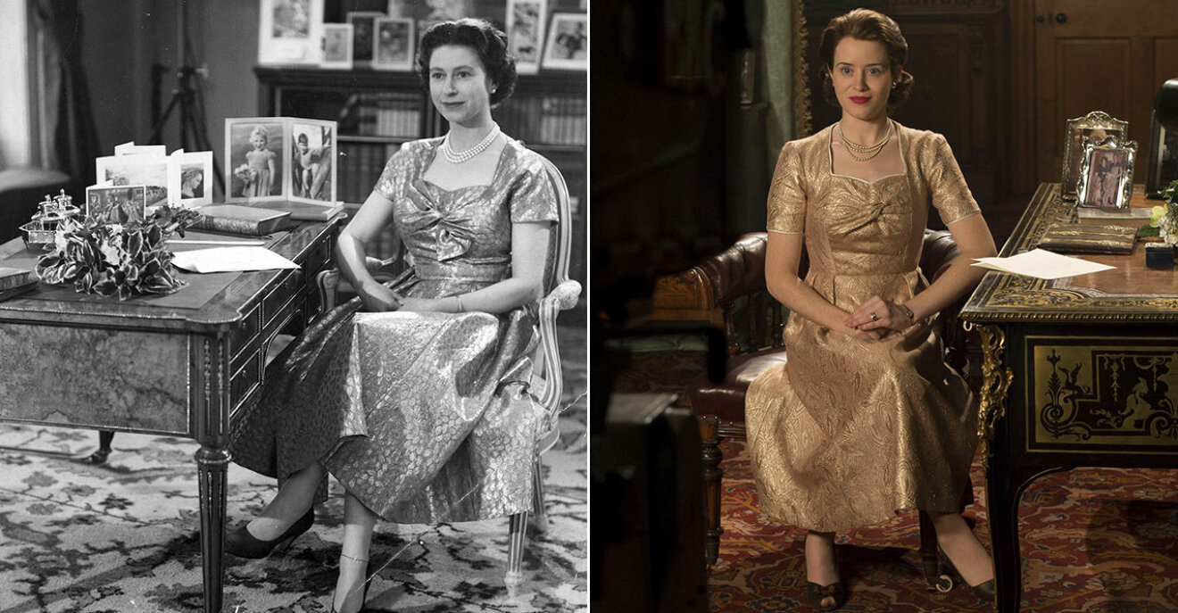Drottning Elizabeths jultal 1957 och en liknande klänning i The Crown