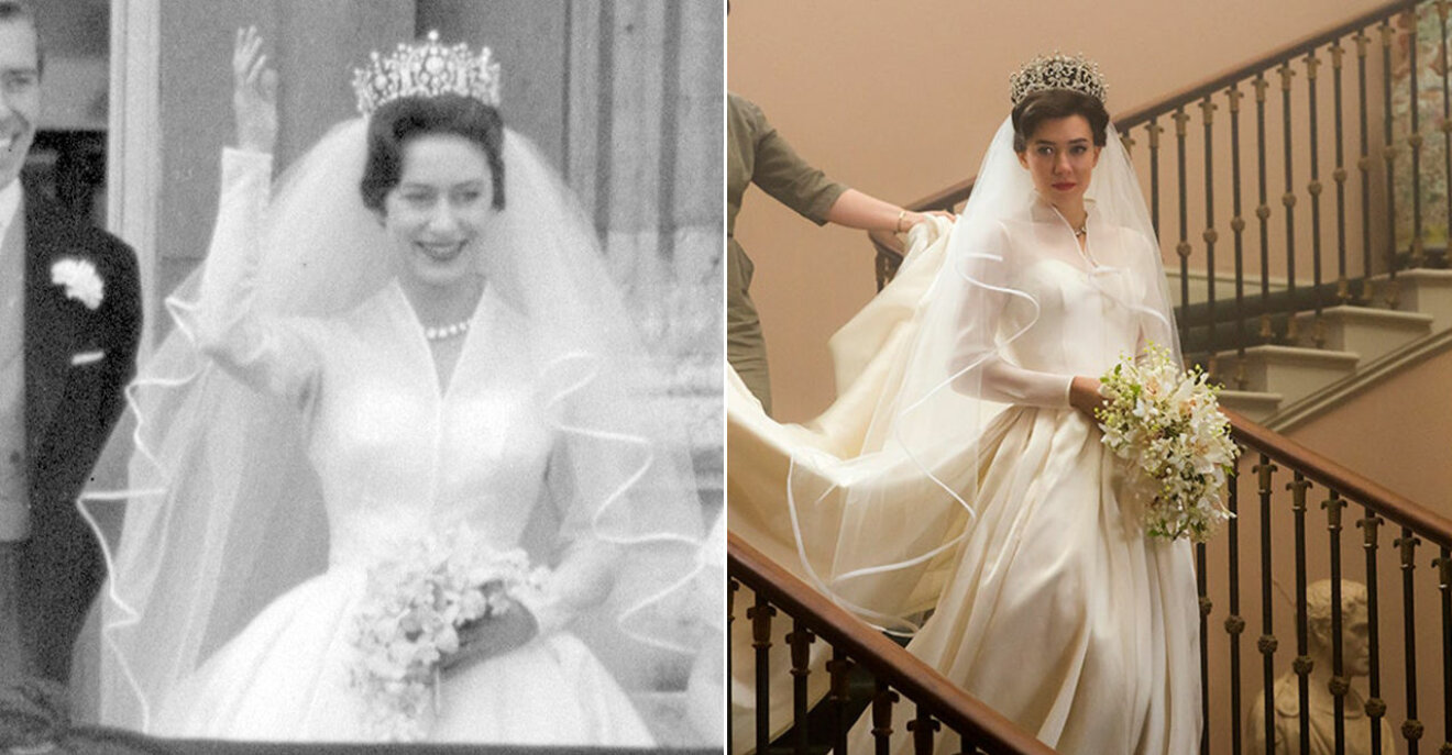 Prinsessan Margarets brudklänning och en kopia i The Crown