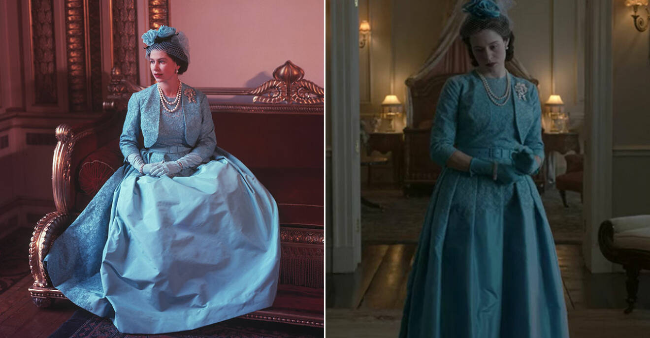 Drottning Elizabeth vid Margrets bröllop och en liknande klänning i The Crown