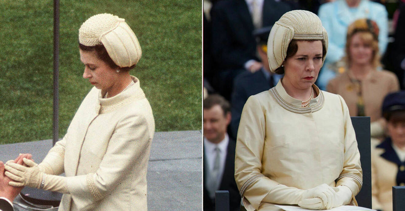 Drottning Elizabeth i hjälmhatten som återskapades i The Crown