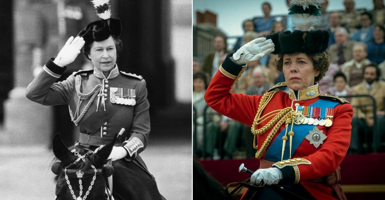 Drottning Elizabeth till häst vilket återskapades i The Crown