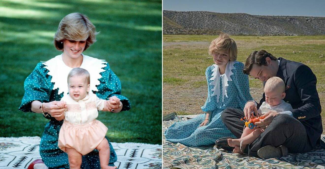 Diana med prins William i Australien. Samt scenen från tidpunkten i The Crown.