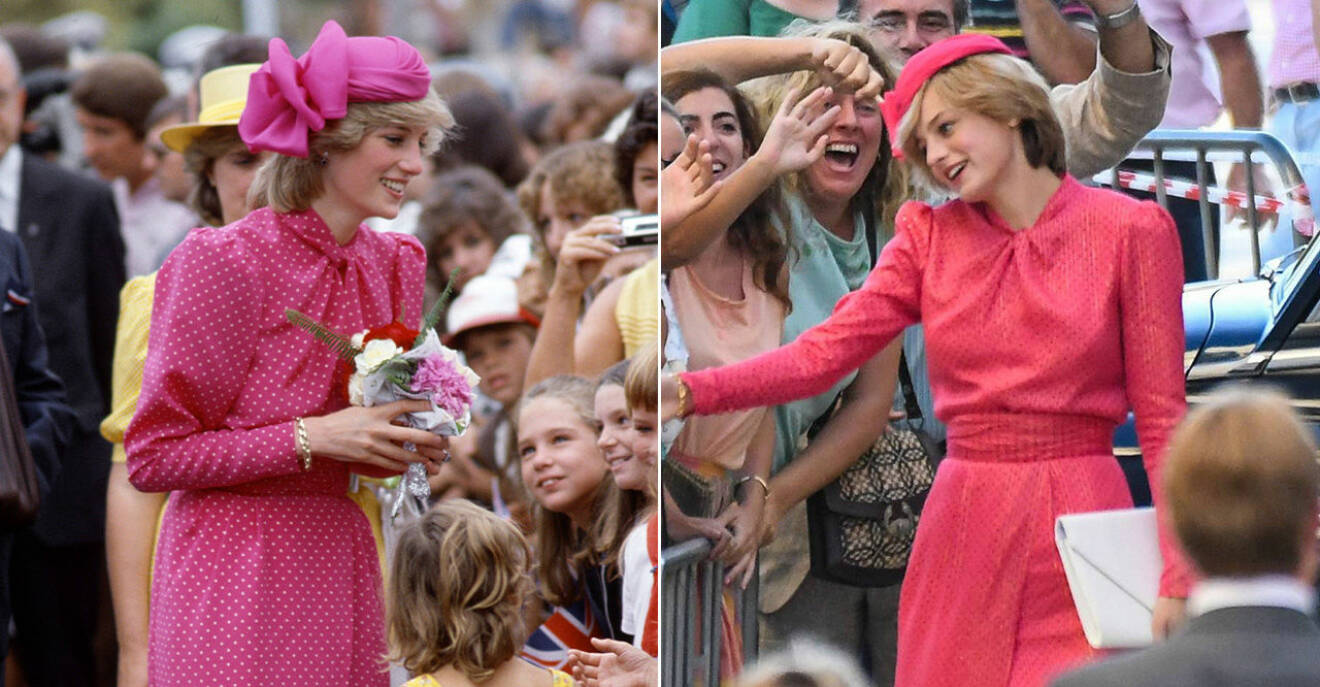 Diana i en rosa klänning i Australien. Scen i The Crown med liknande klänning.