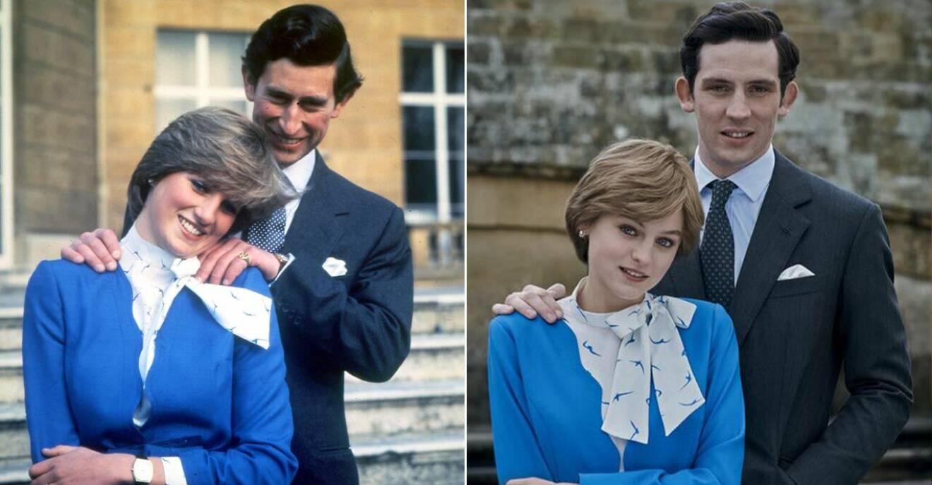 Diana och Charles till vänster vid förlovningen 1981 och Emma och Josh spelar prins Charles och Diana i The Crown.
