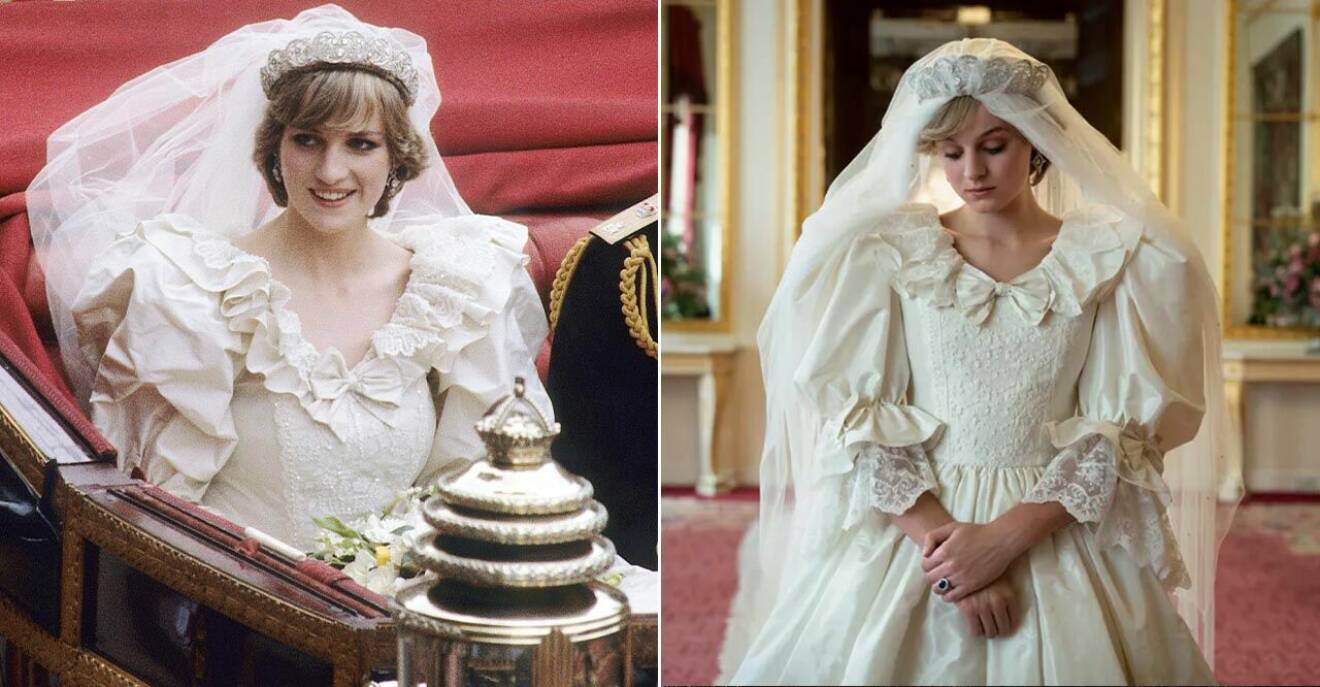 Diana i sin bröllopsklänning 1981 och Emma Corrin i kopian av klänningen vid inspelningen av The Crown.