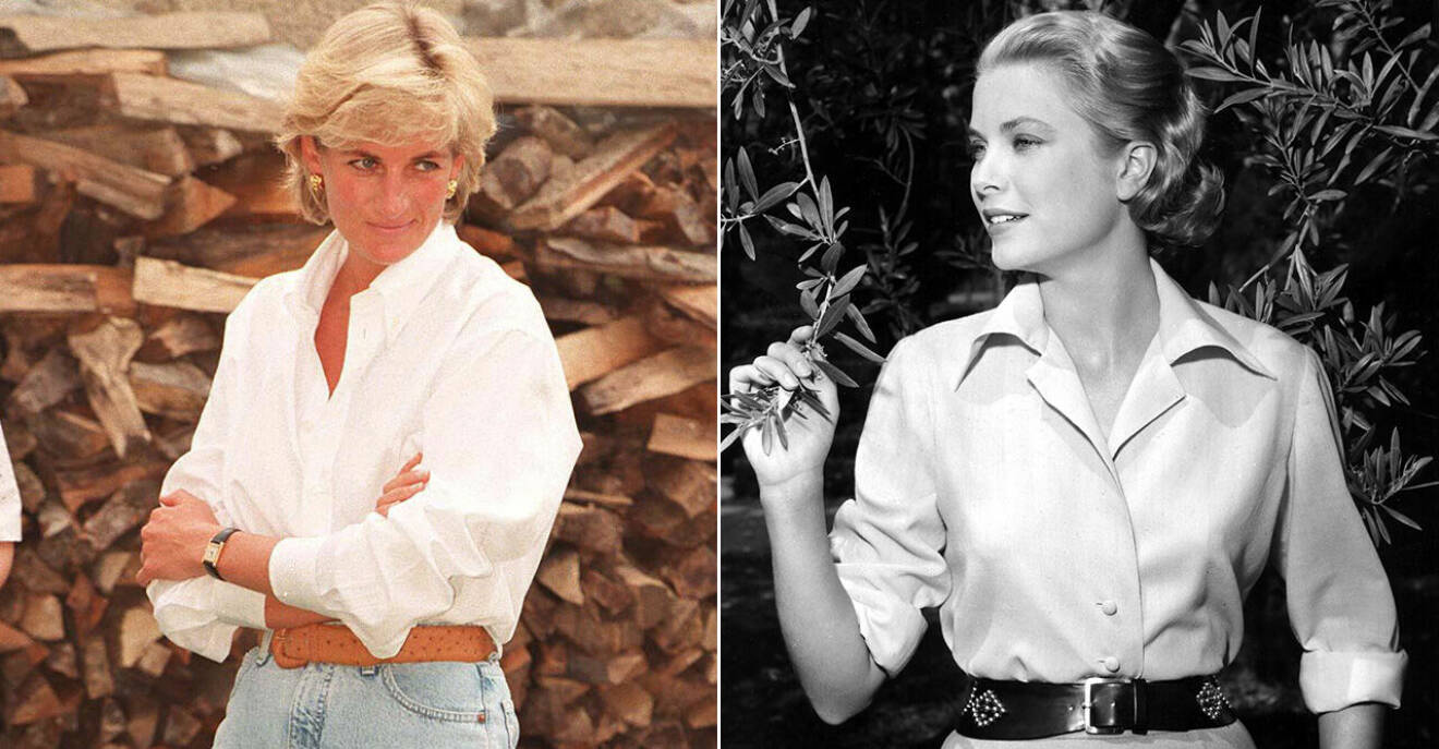 Diana i vit skjorta och jeans och Grace Kelly i en liknande look.