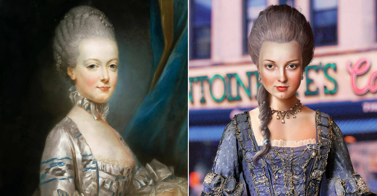 Bild på Marie Antoinette från 1700-talet och en ny bild av hur hon troligen skulle se ut idag 2021.
