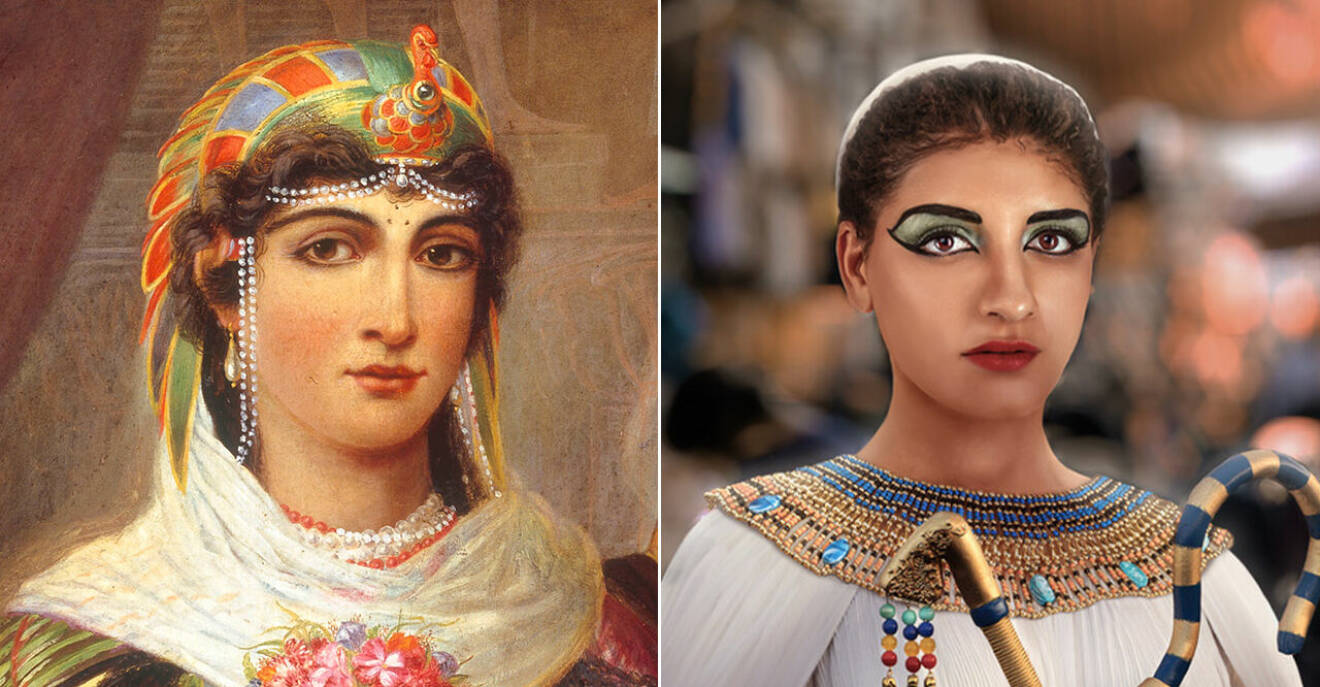 Målning av Kleopatra samt en animerad bild av hur hon skulle se ut idag.