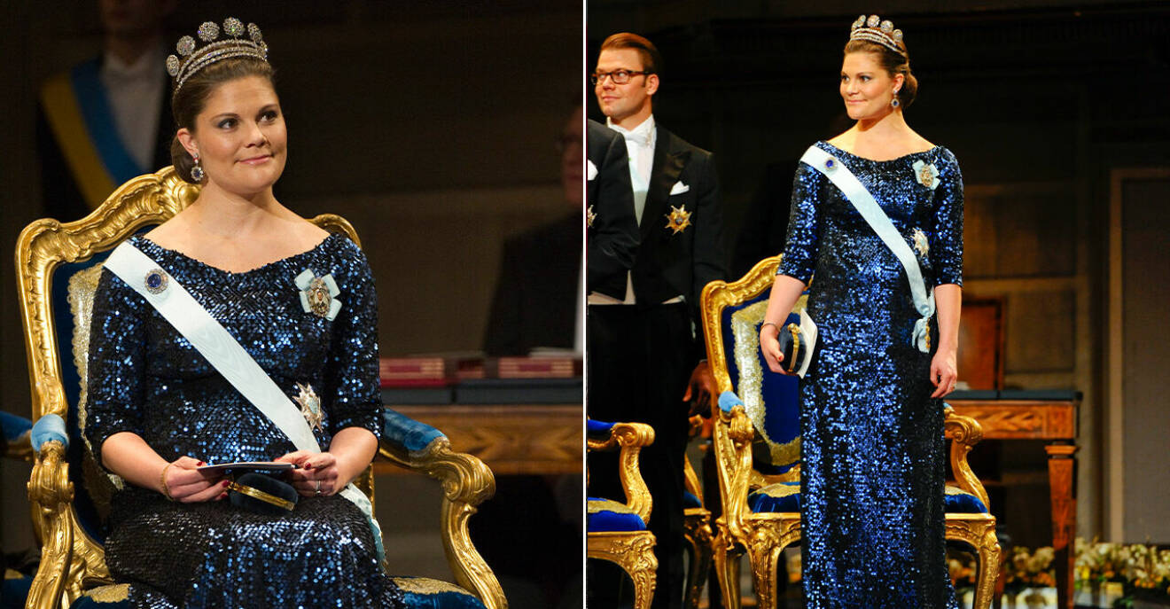 Kronprinsessan Victoria i en blå paljettklänning vid Nobelfesten 2011.