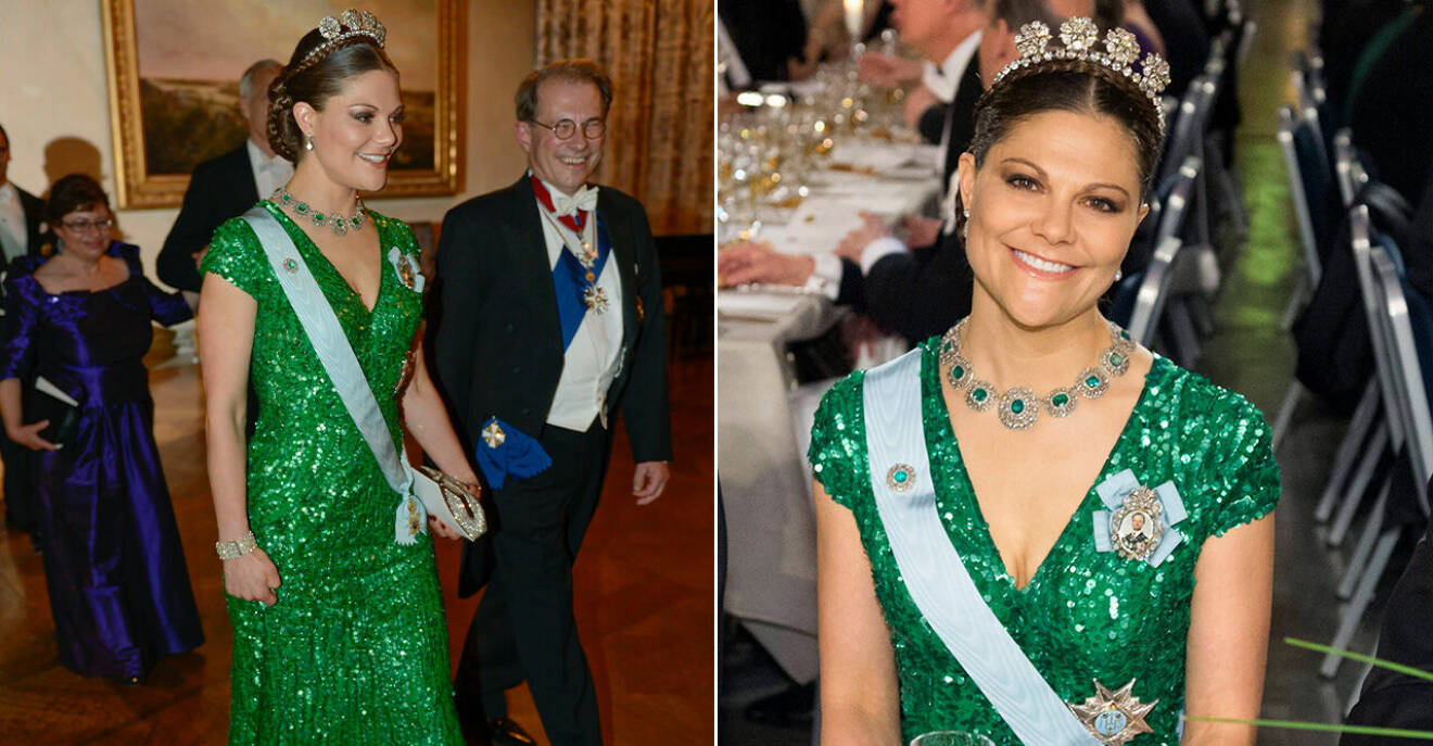 Kronprinsessan Victoria i en grön paljettklänning vid Nobelfesten 2012.