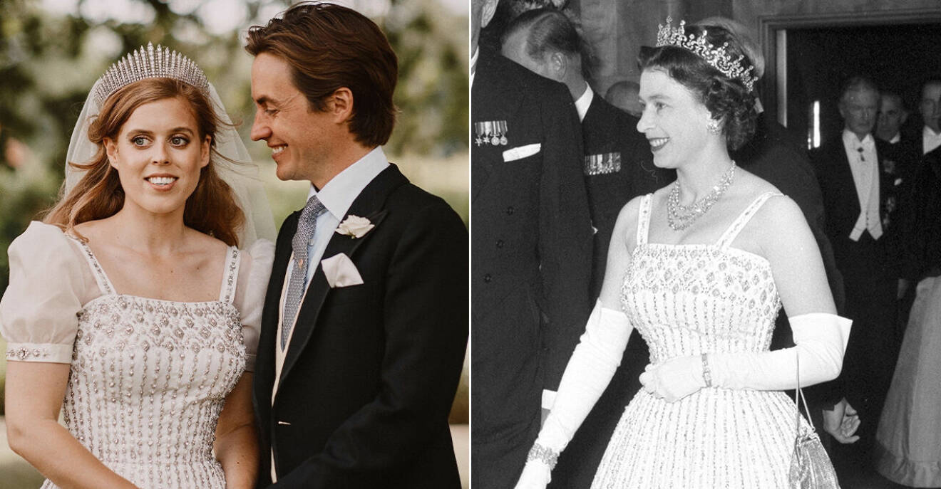 Prinsessan Beatrice gifte sig i en klänning hon lånat av drottning Elizabeth. Klänningen består av stenar och diamanter.