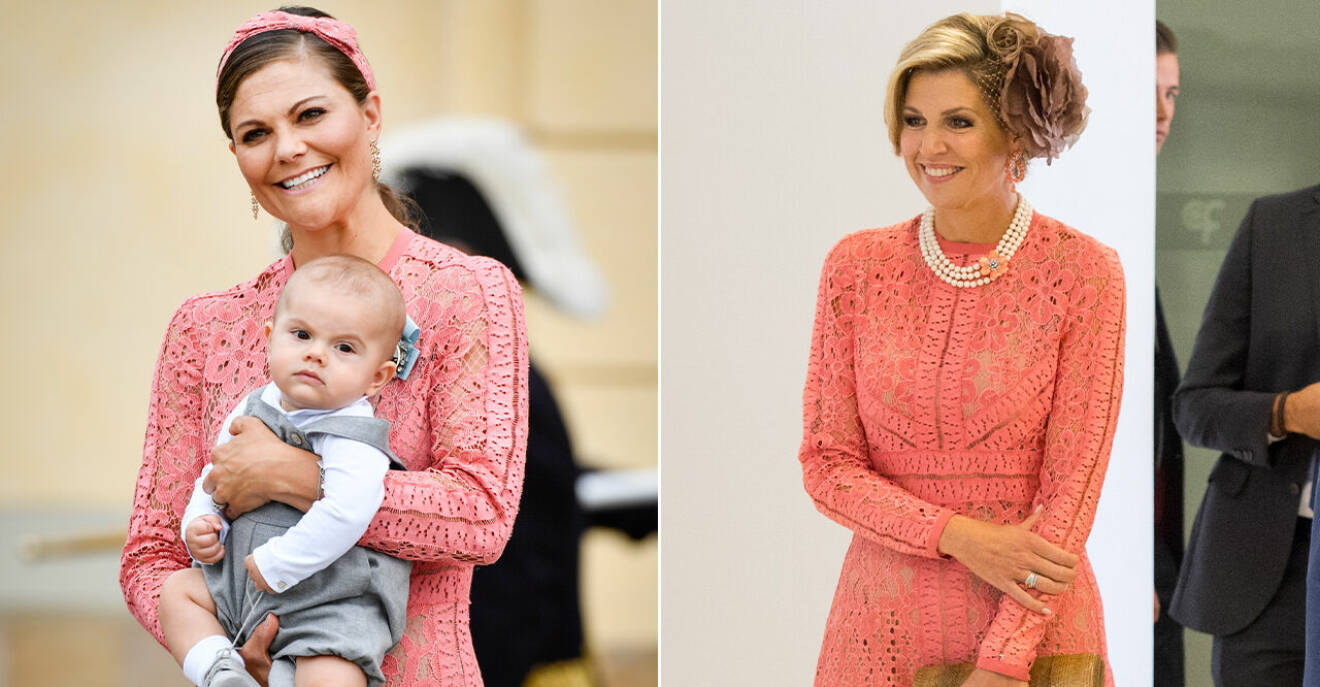 Kronprinsessan Victoria och drottning Máxima i aprikosfärgad spetsklänning från Ellie Saab.
