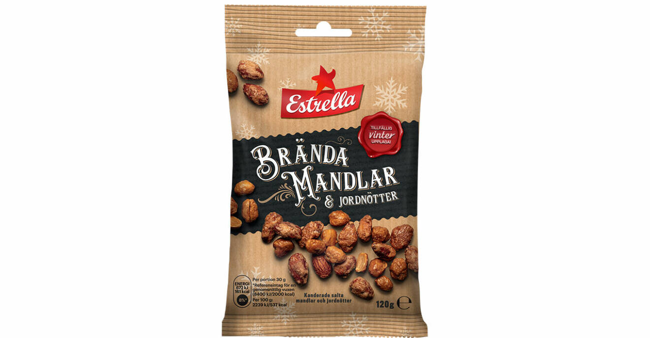 Brända mandlar med jordnötter är en av årets julnyheter från Estrella.